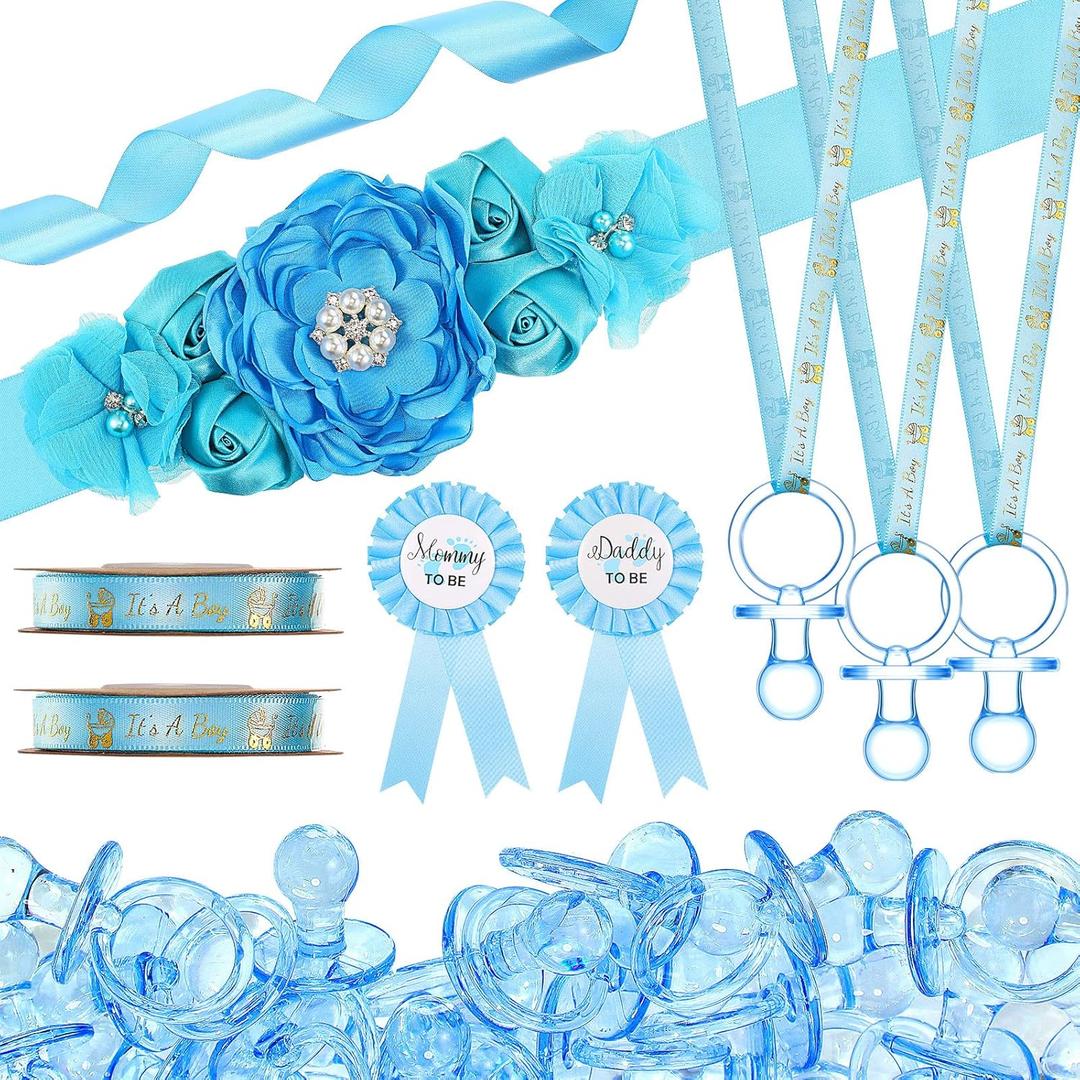 53 Pcs Baby Shower Favors for Boy Maternity Flower Sash Belt Blue Large Acrylic Pacifier Mom to Be Dad to Be Badge Pin It's a Boy Ribbon for Boy Baby Shower Gender Reveal Pregnancy Wedding