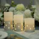 H-BLOSSOM Flickering Flameless Candles Ivory Real Wax Pillar with Embedded String Lights LED Candles Battery Operated with 10 Key Remote and Cycling 5H Timer Set of 3 (3" x 4"/5"/6") (Silver)