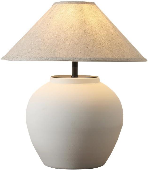 Farmhouse Table Lamps Black 18.8" Tall Ceramic Table Lamp Rustic Southwestern Clay Pot Ceramic Lampshade with Fabric Shade Bedside Nightstand for Living Room Bedroom House Office Entryway (White)