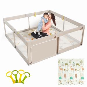 Mloong Baby Playpen with Mat, 59x59 Inches Extra Large Playpen for Babies and Toddlers, Indoor & Outdoor Activity Center, Safety Baby Fence with Gate