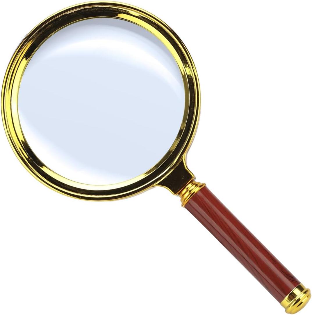 Magnifying Glass 90mm  Handheld Glass Lens Magnifier with Wooden Handle  Large Strong Magnifier for Reading, Crafts & Hobbies  Zoom x 10, Classic Detective Style Inspired by Sherlock Holmes - ZENO