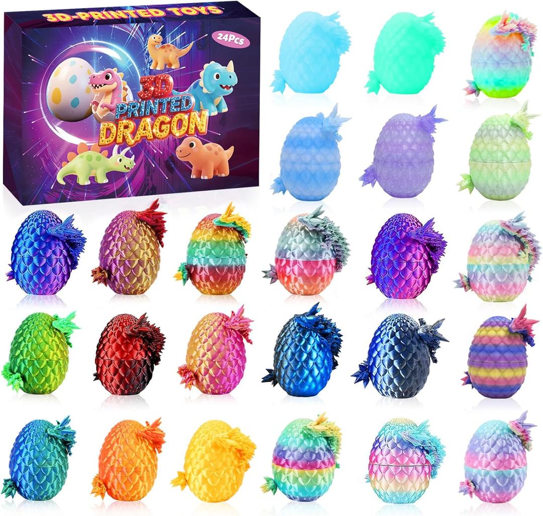 24PCS 3D Printed Dragon Eggs with Dragon Inside, Mini Animals Party Favors for Kids, Flexible Articulated Crystal Collectibles for Adults Teens Boys, Easter Advent Calendar Easter Basket Stuffers