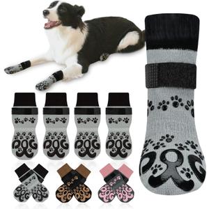 Anti Slip Dog Socks to Prevent Licking Paws - Double Side Paw Covers Dogs Grip Sock for Hardwood Floors, No Twist Dog Booties Grippy Socks for Small Medium Large Senior Dogs, Light Grey and Black, L