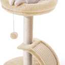 Cat Scratching Post Tower for Indoor Cats, Small Cat Tree Tower with Bed and Hanging Ball Toys, Short Modern Carpet Kitten Scratcher Stand with Large Round Perch and Scratch Ramp (Beige)