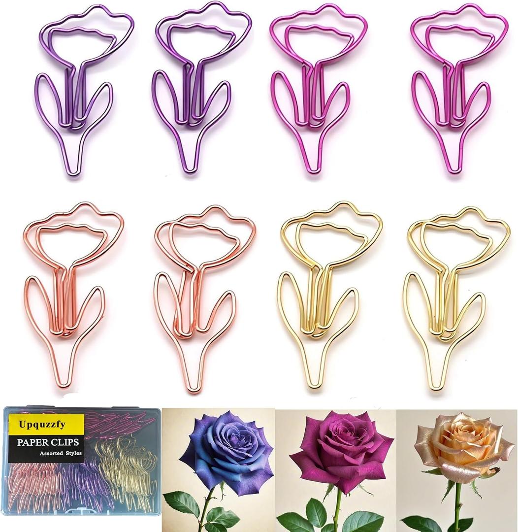 48 Pcs Metal Paper Clips Set - Multicolored Rose-Shaped Cute Paperclips for School and Office File Organization, Suitable for Party and Wedding Decor (ROSEFLOWER)