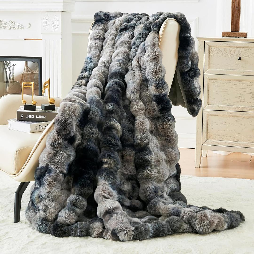 Bigacogo Faux Fur Throw Blanket for Couch, Fuzzy Soft Plush Thick Warm Bubble Blankets for Sofa Bed Living Room Dcor, Cute Luxury Cozy Fluffy Throw Gift for Women Girls, 50"x60", Tie-dye Black
