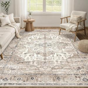 Area Rug 7x9 Washable Vintage - Soft Traditional Rugs for Living Room Large Non Slip Backing with Low Pile Farmhouse Oriental Retro Carpet for Bedroom Dining Room or Home Office - Tea Brown