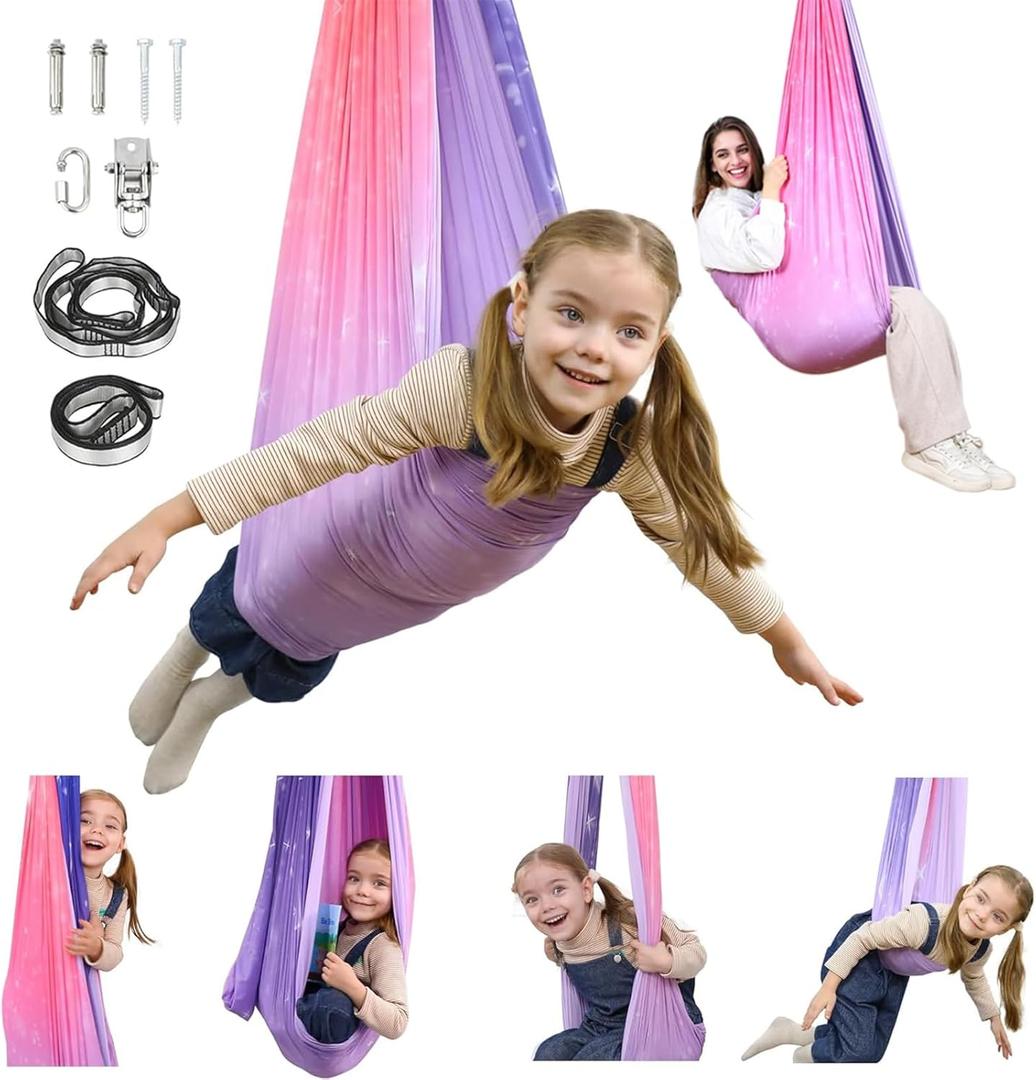 Sensory Swing, Indoor & Outdoor Sensory Swing for Kids & Adults, Double Layer Therapy Cuddle Swing for Kid with Autism, Holds up to 300lbs, Pink