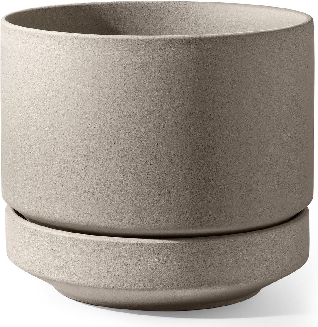 LE TAUCI 12 Inch Pots for Plants with Saucer | Ceramic Outdoor & Indoor Planter Pot for Plants | Drainage Hole, Mesh Pad & Plug | Unglazed Porous | Modern for Home, Office and Patio  Neutral Gray