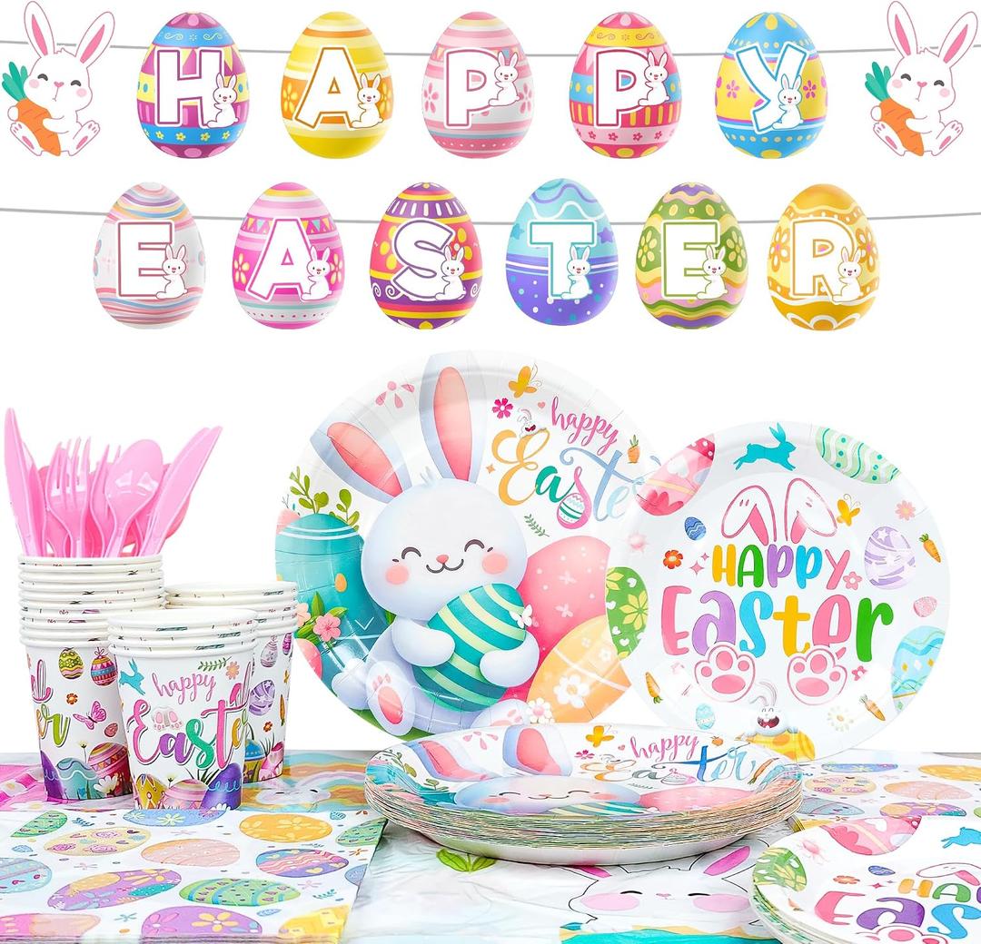 Easter Party Tableware for 20 Guests, Spring Party Tableware Egg Bunny Plates and Napkins Tablecloth Banner etc Easter Bunny Birthday Decorations Supplies