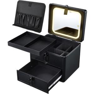 Faquenc Makeup Case with Drawer, Detachable Lighted LED Mirror, Makeup Organizer Box Travel Make up Vanity Case Portable Cosmetic Train Case for MUA Lockable Makeup Suitcase with Adjustable Dividers