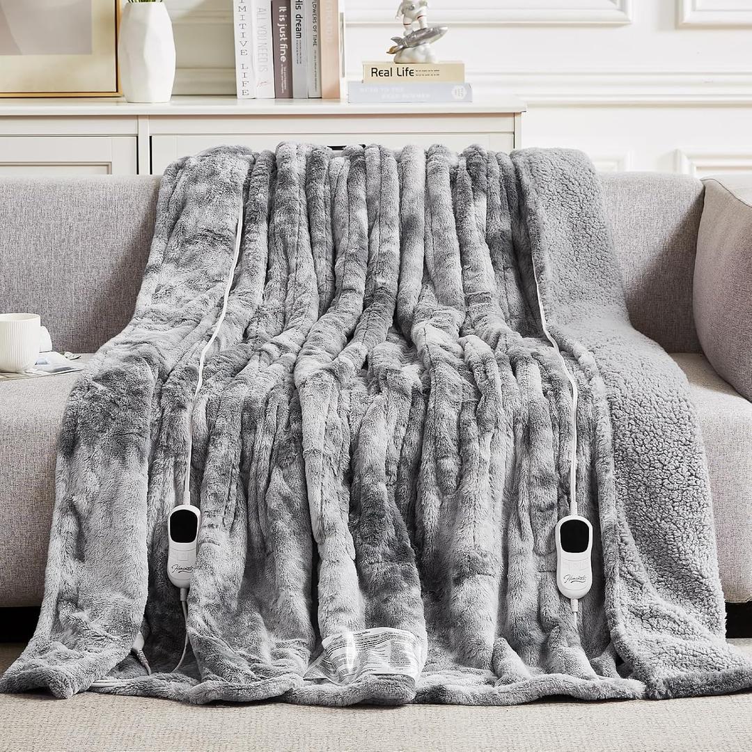 Homemate Electric Heated Blanket Queen Size - 84"x90" Heating Blanket Queen Size Dual Control 1/2/4/6/8 Hours Auto-Off 10 Heat Level Over-Heat Protection Luxury Faux Fur Sherpa ETL Certification
