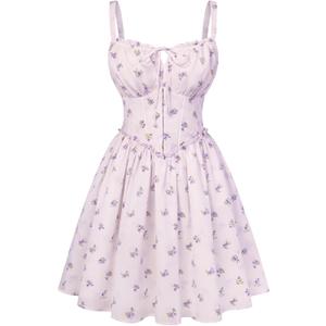 Scarlet Darkness Floral Corset Dress for Women 2026 Summer Sundress Lace Up Mini Milkmaid Dresses with Pockets (Large, Light Purple Floral)