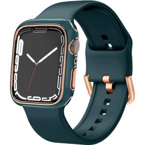 Sport Band and Bumper Case Compatible with Apple Watch 40mm 38mm 41mm 42mm 44mm 45mm 46mm Women, Soft Silicone Straps and Rose Gold Edge Protector Frame for iWatch Series 11 10 9 8 7 6 5 4 3 2 1 SE (Deep Green)