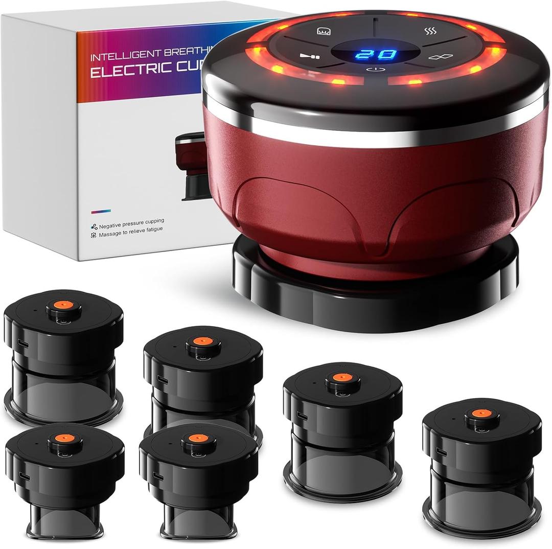 UBALANCE Cupping Kit for Massage Therapy, Cupping Therapy Set 6 Cups, Electric Smart Cupping Machine, 4 in 1 Negative Pressure Massager with 12 Modes for Fatigue Relief, Red
