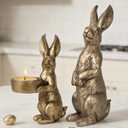 DN DECONATION Golden Easter Bunny Figurines Set of 2, Gilded Resin Rabbit Statue with Tealight Holder, Vintage Luxury Home Decor Centerpiece, Elegant Table Decor for Weddings and Easter Gifts