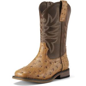 Rollda Kids Cowboy Boots for Boys Girls Western Square Toe Cowgirl Boots with Walking Heel (Toddler/Little Kid/Big Kid) (Brown/Ostrich Upper, 3)