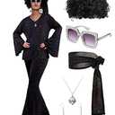 Jexine 70s Women Disco Outfit Costume Disco Party Top Pants Sunglasses Ball Necklace Earring Wig for Halloween New Year Eve(Black,XX-Large)