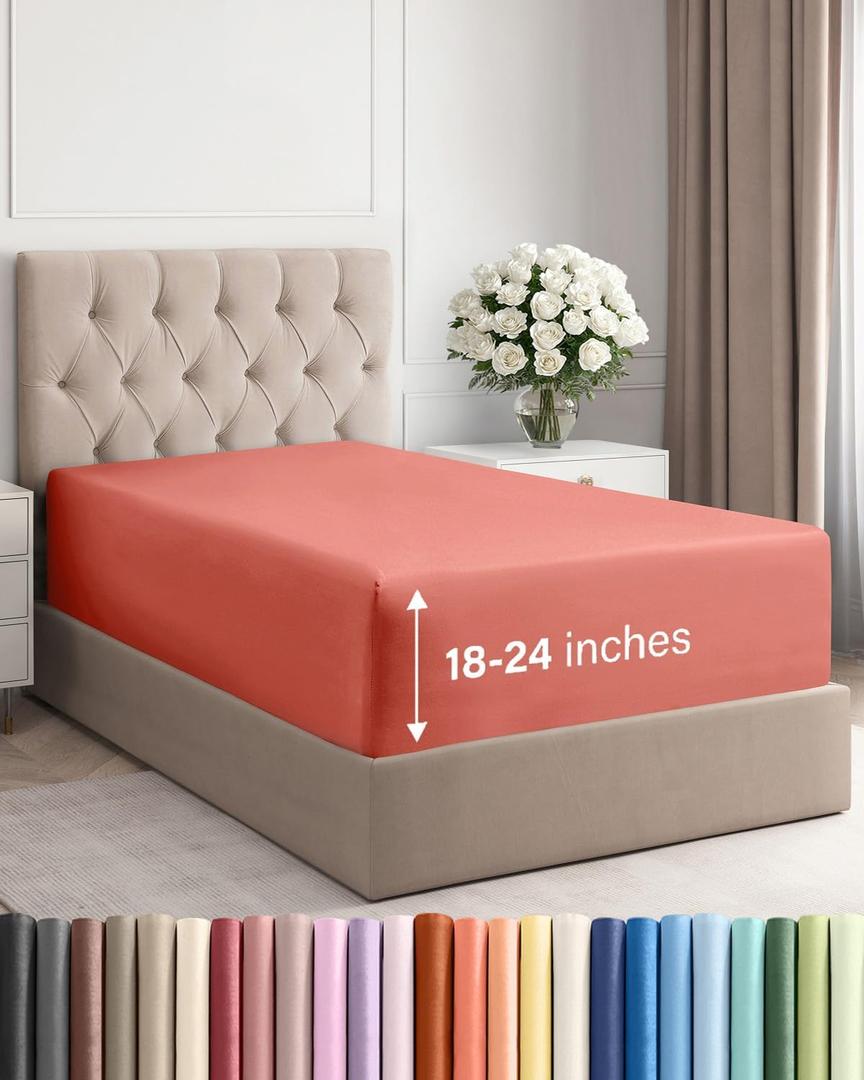 Extra Deep Twin Fitted Sheet - Hotel Luxury Single Fitted Sheet Only - Easily Fits 18 inch to 24 inch Mattress - Ultra Soft, Wrinkle Free w/Extra Deep Pockets - Easy-Care, Breathable & Comfy - Coral