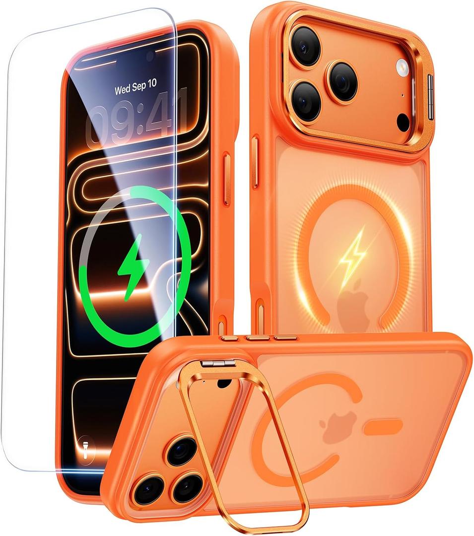 for iPhone 17 Pro Case with Stash Lens Stand and 9H Screen Protector, Compatible with MagSafe, Military-Grade Drop Protection Phone Case for iPhone 17 Pro, 360° Full Protection, Cosmic Orange