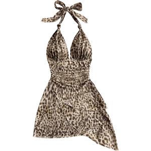 SOLY HUX Women's Y2K Dress Summer Tie Dye Print Sexy Mini Dress Retro Backless Halter Dress Club Dresses (Large, Brown Leopard)