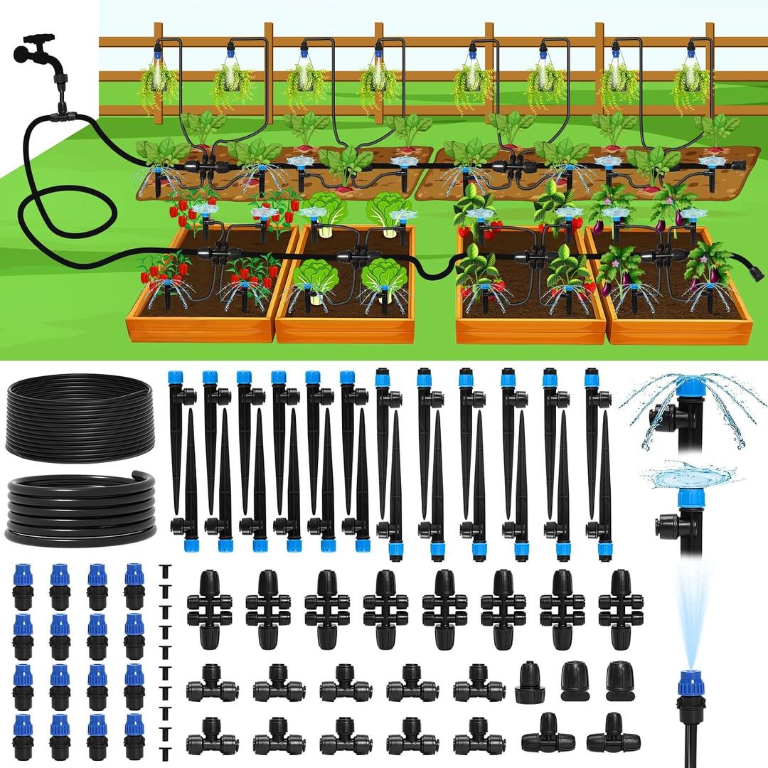 Bonviee 247FT Drip Irrigation System, Automatic Garden Watering System Kit with 50FT 5/16 & 1/4 Drip Tubing, Quick-to-Connect Fittings, Adjustable Drip Emitters for Raised Beds, Greenhouse, Lawn