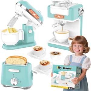 Play Kitchen Appliances Toy Set, Pretend Play Kitchen Toys Kids Kitchen Accessories Playset with Coffee Maker, Mixer and Toaster for Kids Ages 3-5 4-8 Christmas Birthday Party Gift (Green)