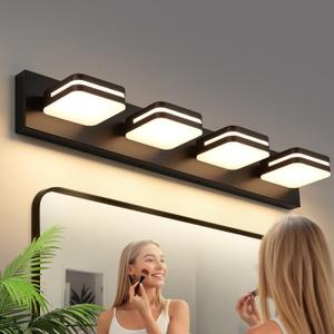Torondo 360° Rotate LED Bathroom Vanity Light Fixtures, Acrylic Vanity Lights for Bathroom, Modern Wall Lighting Fixtures Over Mirror Living, Matte Black, Warm White, 4-Light, 27-Inch