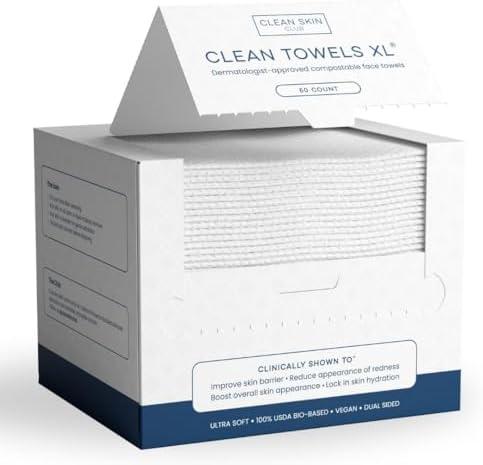 Clean Skin Club Clean Towels XL®, 100% USDA Biobased Face Towel, Disposable Face Towelette, Eczema Association Accepted, Makeup Remover Dry Wipes, Ultra Soft, 1 Pack, 30 Ct XL