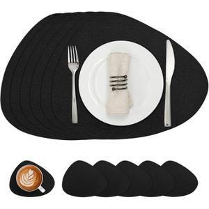 Placemats and Coasters, Washable Reversible Placemats Round Faux Leather Wipeable Place Mats Non Slip Heat Resistant Indoor Outdoor Table Mats (Set of 6, Black)