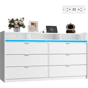 WLIVE 9 Drawer Led Dresser for Bedroom, 58.35'' White Wood Dresser Storage Organizer with Power Outlets for 65'' TV, Dressers with Open Shelves, Chest of Drawers for Closet, Living Room