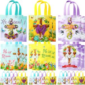 Wesnoy 30 Pcs Easter Gift Bags Bulk He Is Risen Religious Easter Bags with Handles Reusable Non Woven Treat Baskets for Church Goodie Party Supplies