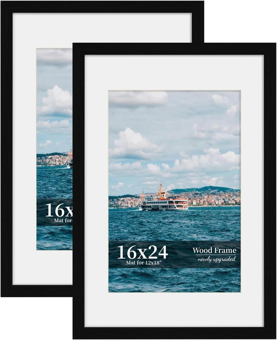 16x24 Picture Frame Set of 2, Wood Frame with Real Glass, Wide Border | Displays 12x18 with Mat or 16x24 without Mat, Horizontal or Vertical Wall Mount, Matte Black for Gallery Walls