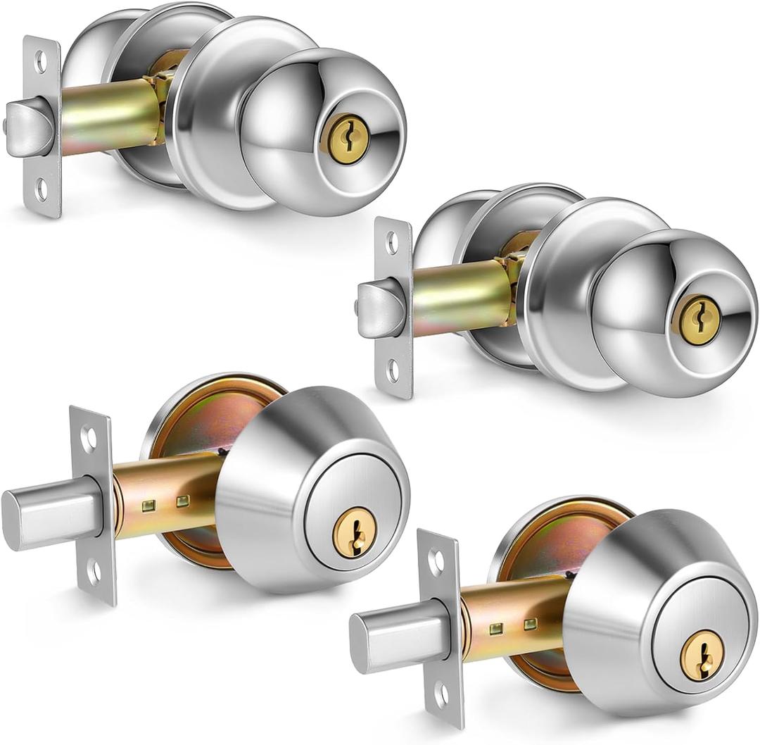 2 Sets Entry Door Knob Entry Dead Bolt Level Door Locks Combo Set Round Ball Satin Security Door Knobs with Lock and Keys for Entrance Lock and Front Gate