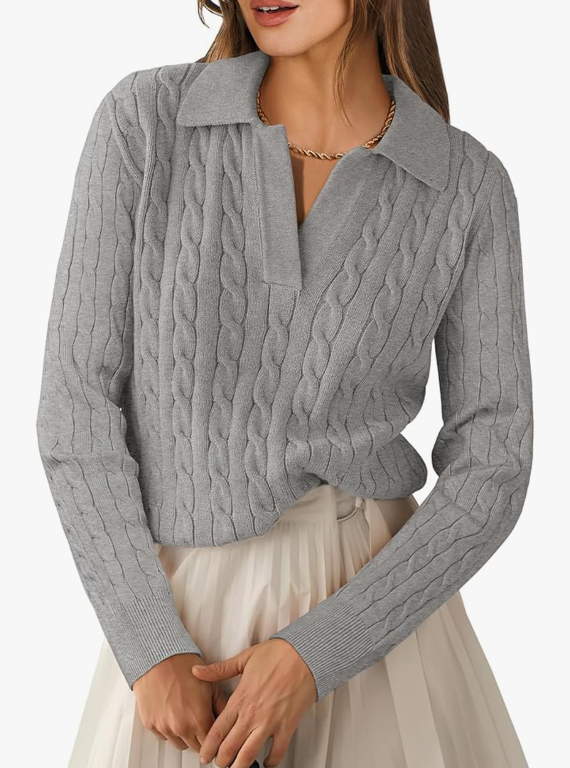 ANRABESS Womens Cable Knit Sweaters Long Sleeve V Neck Sweater Tops Casual Pullover Polo Shirts 2025 Fall Fashion Outfits size S