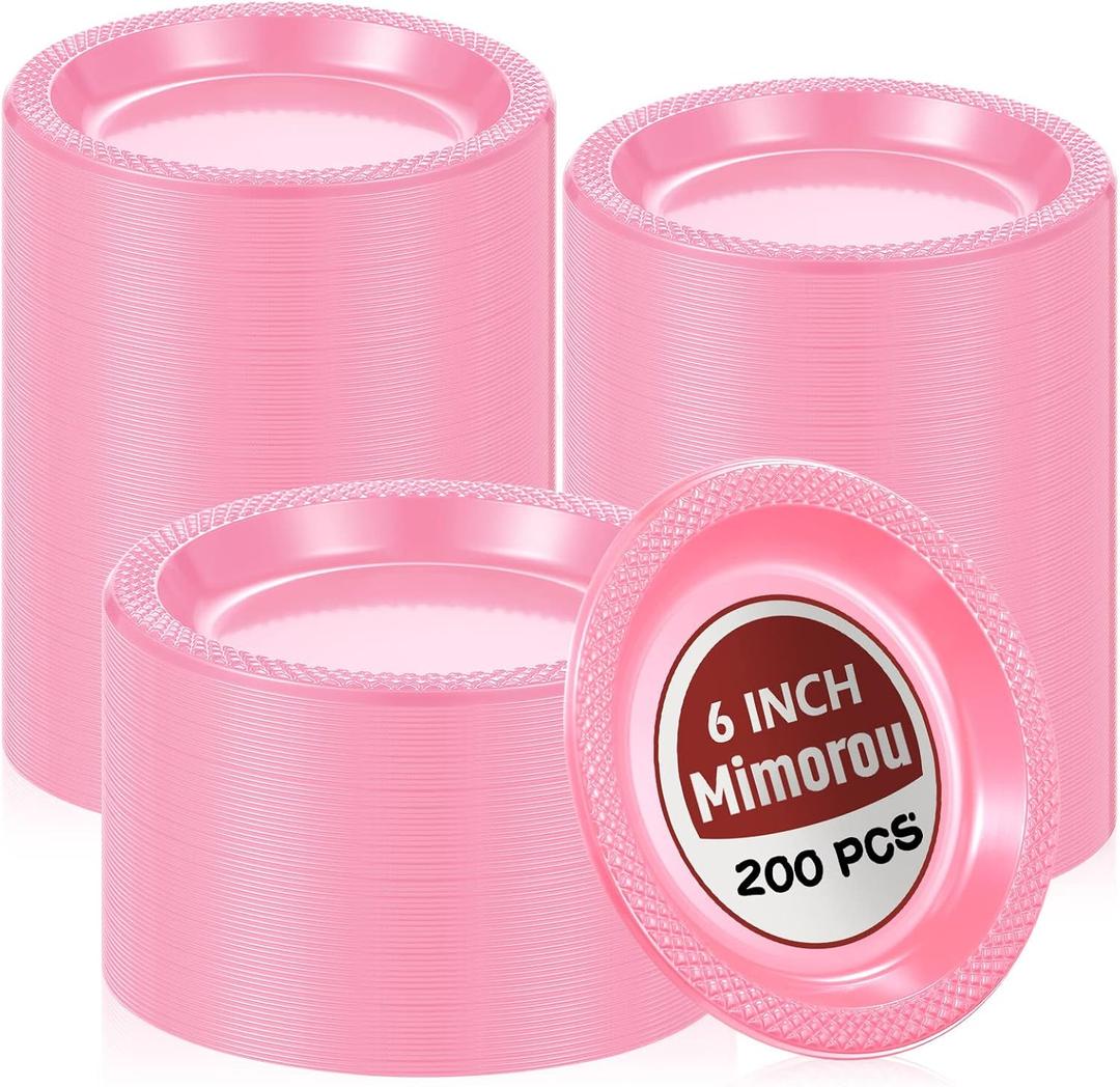 Mimorou 200 Pcs Plastic Dessert Plates 6 Inch Disposable Round Dinner Cake Plates Bulk for Wedding Birthday Picnic Salad Appetizer Party Supplies(Pink)