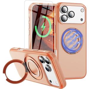 for iPhone 17 Pro Max Case [Compatible with Magsafe] [15 FT Military Grade Drop Protection] with Screen Protector & Lens Protector,Shockproof Kickstand Phone Case for iPhone 17 Pro Max(Orange)