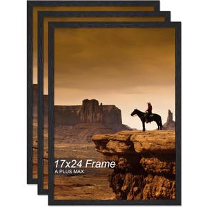 A PLUS MAX 17x24 Picture Frame Set of 3, Black Engineered Wood Frame for 17 x 24 Inch Picture Poster Photo, Light Weight 17 by 24 Frame with Wood-grain for Wall - 3 Pack/Black/17 x24