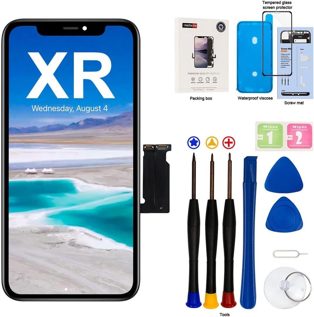 EFAITHFIX for iPhone XR LCD Screen Replacement 6.1 Inch Frame Assembly Display and 3D Touch Screen Digitizer with Repair Tools Kit for A1984/A2105/A2106/A2108 with Waterproof Adhesive Tempered Glass