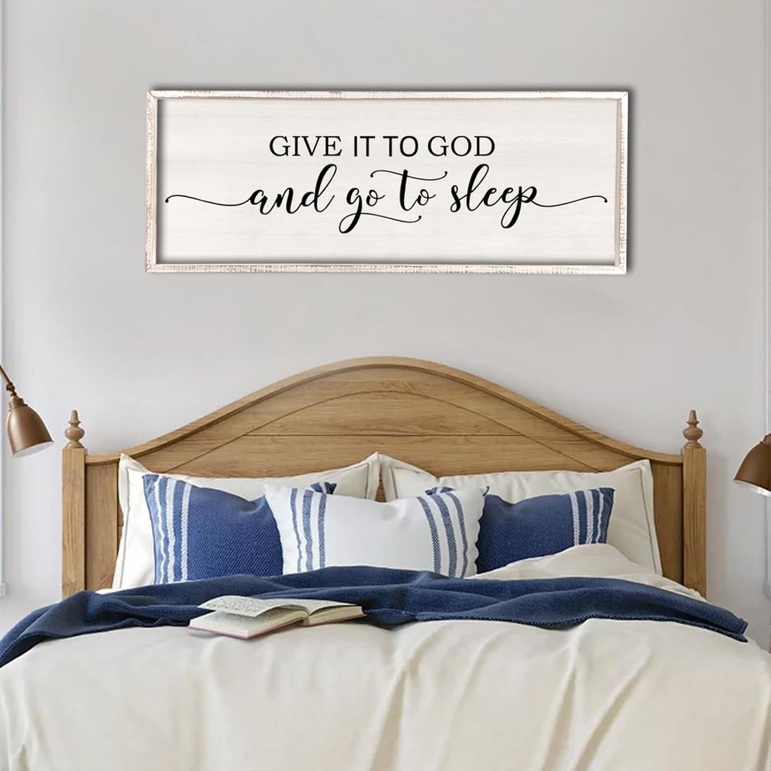 Give It To God And Go To Sleep Sign Wall Decor 40"X15" Master Bedroom Above Bed Large Farmhouse Wall Decor Wood Rustic Framed Over Bed Wall Art Hanging Decoration (White)