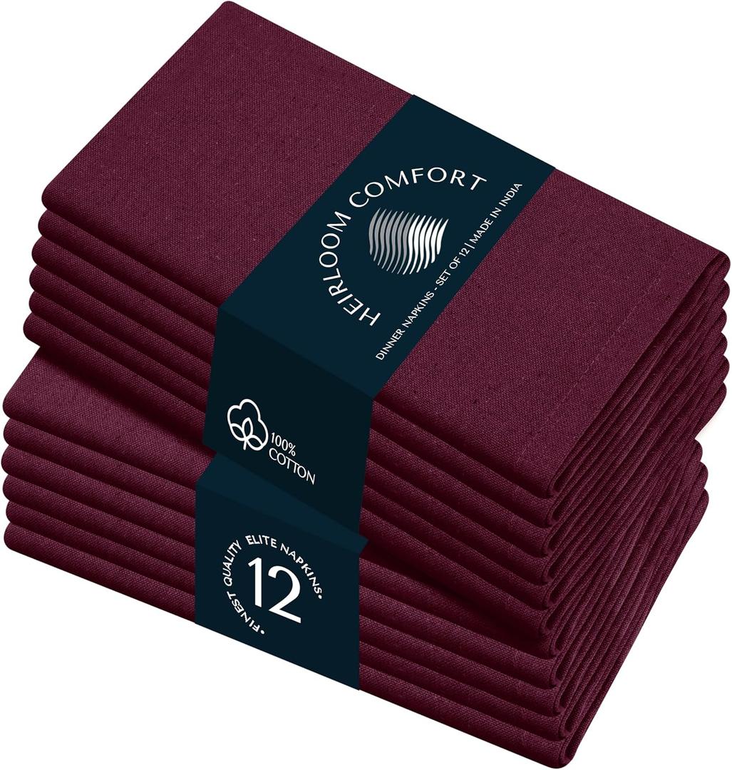 Burgundy Wine Cloth Napkins 17x17 Inch - 100% Cotton, Soft, Absorbent, Washable, Reusable - 12 Pack - Hotel Quality Table Napkin for Wedding, Receptions, Dinner, Christmas, Everyday