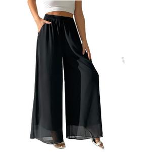 heipeiwa Women's Chiffon Dress Beach Wide Leg Palazzo Pants Elastic Waist Trouser, Medium Short