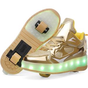 Roller Skate Shoes for Boys and Girls Kids LED Light Up Fashion Sneakers with Rechargeable and Detachable Wheels The Gift for Party Birthday Christmas Day (12.5 Little Kid, Gold623)