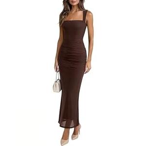 Xemofy Women's Sleeveless Square Neck Ruched Bodycon Maxi Dress - Elegant Sheer Mesh Formal Long Dress for Wedding Guest Party (US, Alpha, Medium, Regular, Regular, Brown)
