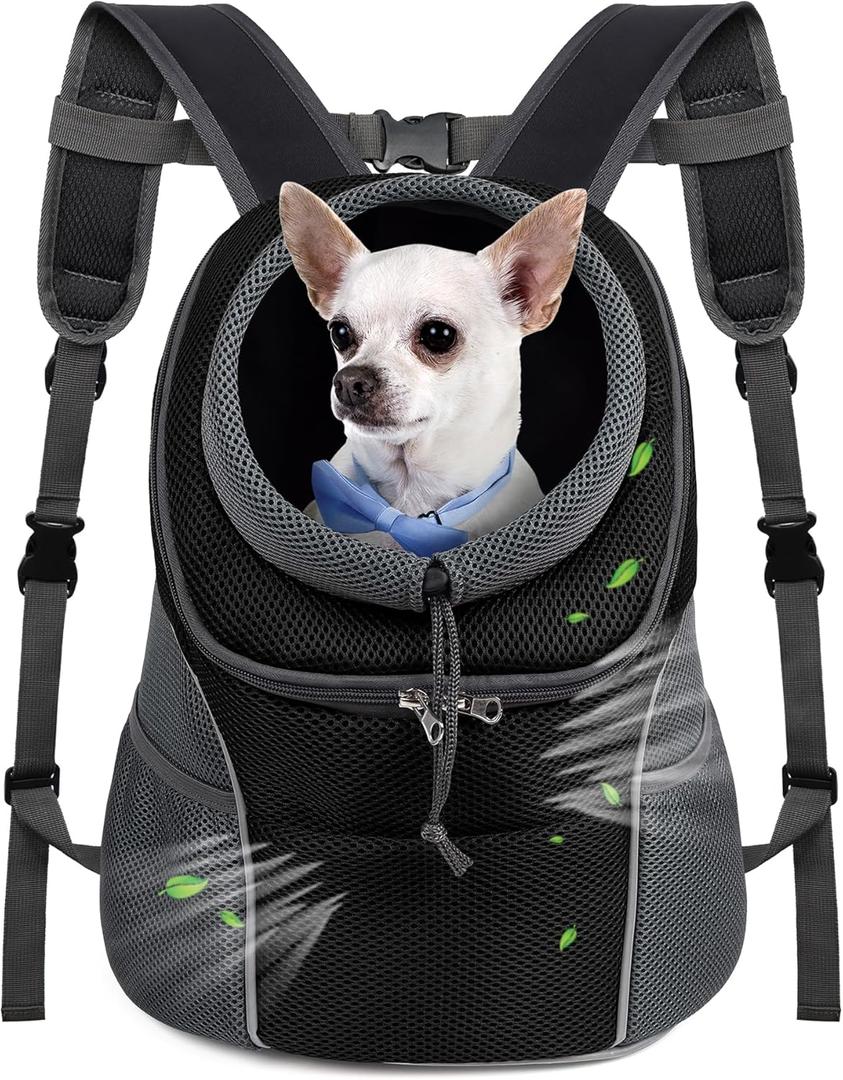 WOYYHO Pet Dog Carrier Backpack Small Dog Front Backpack Ventilated Dog Carrier Backpack with Storage Pockets, Adjustable Straps & Safety Belt for Travel Hiking Outdoor (Size L: 10-14 lbs, Black)