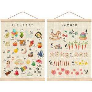 HKTZM Alphabet Wooden Poster Number Poster 12.5x17 Inch,Alphabet Wall Hanging Poster Educational Posters Toddler Learning Posters For Classroom Nursery Kindergarten Decor Set Of 2