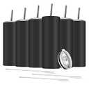 Deitybless 6 Pack Stainless Steel Skinny Tumbler, 20 OZ Double-Insulated Water Tumbler Cup with 6 Straw and 3 Brush, Vacuum Travel Mug Gift for Hot Cold Drinks with Cleaning(Black)