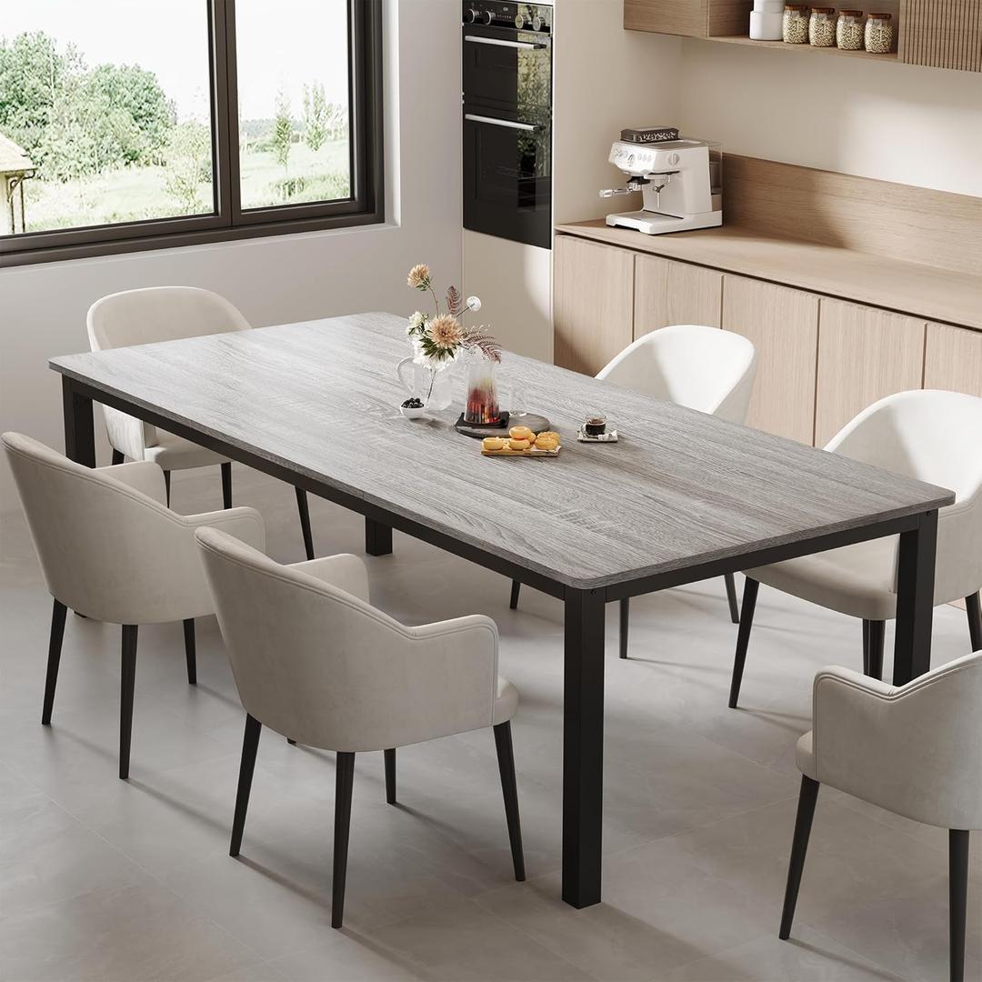 GarveeHome 78.7 in Industrial Dining Table for 6, Wooden Long Dinner Table with Mortise Tenon Design, Kitchen Table with Sturdy Metal Legs, for Dining Room Home Office Living Room, Grey, 79 IN