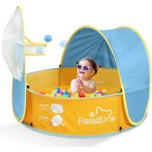 Peradix Paddling Pool for Kids & Pets, Kids Ball Pit Tent 3 in 1, Pop Up Wading Pool Tent with UV Protection Sunshade Canopy Basketball Hoop, Portable Beach Backyard Toys for Indoor Outdoor Activity (Blue-yellow)