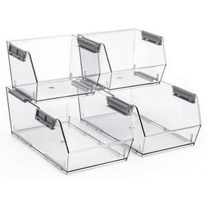 HOMESTEAD Set of 4 Stackable Storage Bins, 2 Large + 2 Small Clear Plastic Organizer Bins, Open Front Design for Kitchen Pantry, Fridge, Cabinet, Bathroom Organization and Snack Storage